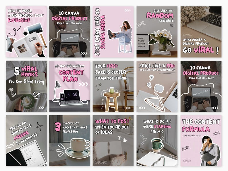 May include: A collection of pink and white social media graphics with text. Topics include digital products, content creation, and marketing strategies. Images include laptops, notebooks, and a person on a chair.