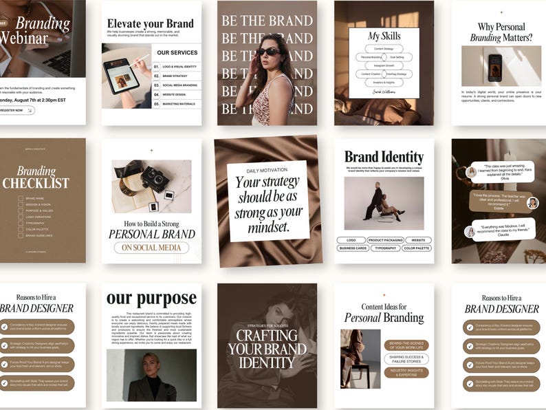 Op de afbeelding: Een verzameling marketingmaterialen met een consistent bruin en wit kleurenschema. De materialen omvatten een webinar-aankondiging, servicebeschrijvingen, branding checklists en gidsen over personal branding en merkidentiteit.