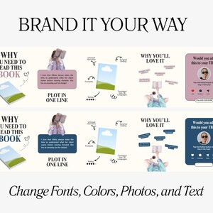 May include: An image with the text "BRAND IT YOUR WAY" at the top. Below are graphics with the text "WHY YOU NEED TO READ THIS BOOK" and "WHY YOU'LL LOVE IT". The image also includes the text "PLOT IN ONE LINE" and "Would you add this to your TBR?" at the bottom.