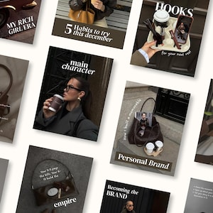 May include: A collection of lifestyle images with text overlays. The images feature a car, a woman with a coffee cup, a handbag, and a tray with coffee and a phone. Text includes "MY RICH GIRL ERA", "HOOKS", and "Personal Brand".