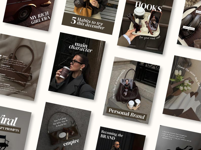 May include: A collection of lifestyle images with text overlays. The images feature a car, a woman with a coffee cup, a handbag, and a tray with coffee and a phone. Text includes "MY RICH GIRL ERA", "HOOKS", and "Personal Brand".