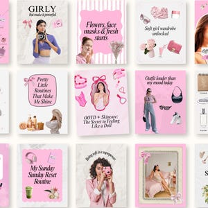 May include: A series of pink and white images with text, showcasing beauty products, fashion accessories, and lifestyle themes. The images include titles such as "What's in my bag," "Girly," and "Soft Girl," promoting a feminine aesthetic.