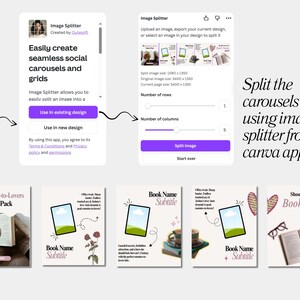 May include: A digital design showing the Canva Image Splitter app interface. The app splits images into social media carousels. The image includes the text "Easily create seamless social carousels and grids."