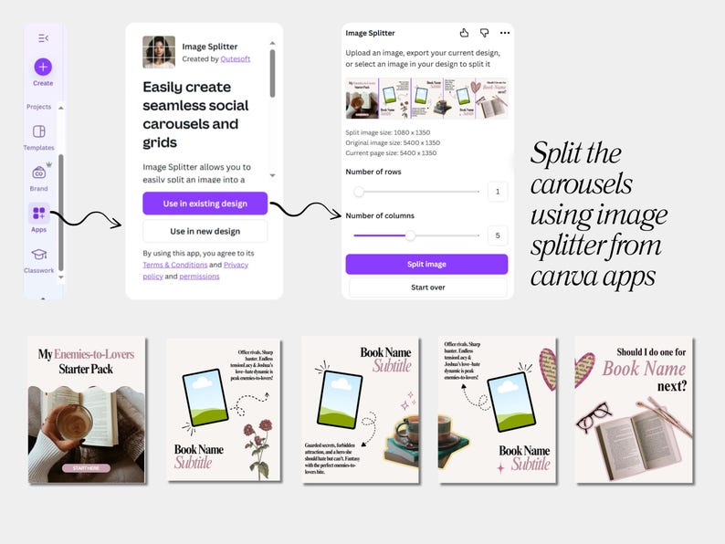 May include: A digital design showing the Canva Image Splitter app interface. The app splits images into social media carousels. The image includes the text "Easily create seamless social carousels and grids."
