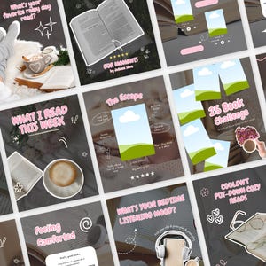 May include: A collection of digital graphics with a reading theme. The images feature books, coffee, and cozy elements. Text includes phrases like "What I read this week" and "25 book challenge."