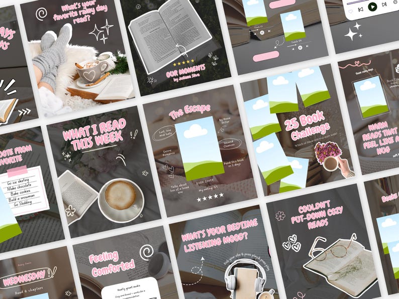 May include: A collection of digital graphics with a reading theme. The images feature books, coffee, and cozy elements. Text includes phrases like "What I read this week" and "25 book challenge."