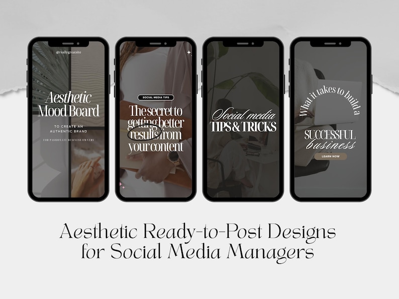 May include: Four smartphones displaying social media content templates. The screens feature text overlays like "Aesthetic Mood Board" and "Social Media Tips & Tricks." The bottom text reads "Aesthetic Ready-to-Post Designs for Social Media Managers."