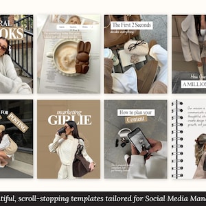 May include: A collection of eight social media templates featuring neutral-toned lifestyle photography, including images of coffee, fashion, and digital content planning, with overlaid text such as Viral Hooks and Marketing Girlie.
