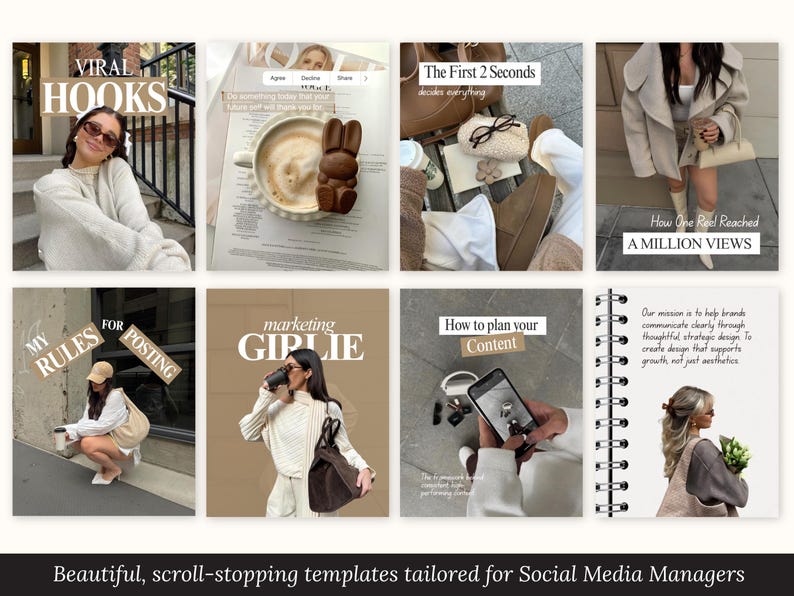 May include: A collection of eight social media templates featuring neutral-toned lifestyle photography, including images of coffee, fashion, and digital content planning, with overlaid text such as Viral Hooks and Marketing Girlie.