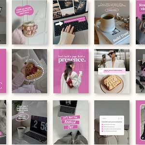 May include: A collection of pink-themed social media posts featuring lifestyle content. Images include a laptop, food, coffee, and text overlays with phrases like "ICONIC," "Build Trust," and "DAILY VLOG."
