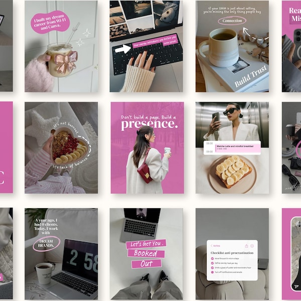 Modern Aesthetic Canva Instagram Templates, Trendy Scrapbook Pink Templates for UGC, Content Creator, Social Media Manager, Coach Influencer
