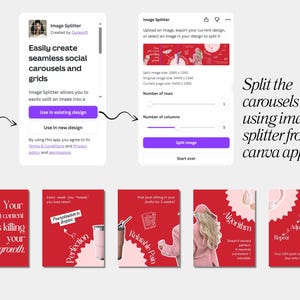 May include: A digital interface for the Canva app, Image Splitter, is shown. The app splits images into social media carousels. The interface is white and purple with red carousel examples. Text includes "Easily create seamless social carousels and grids."