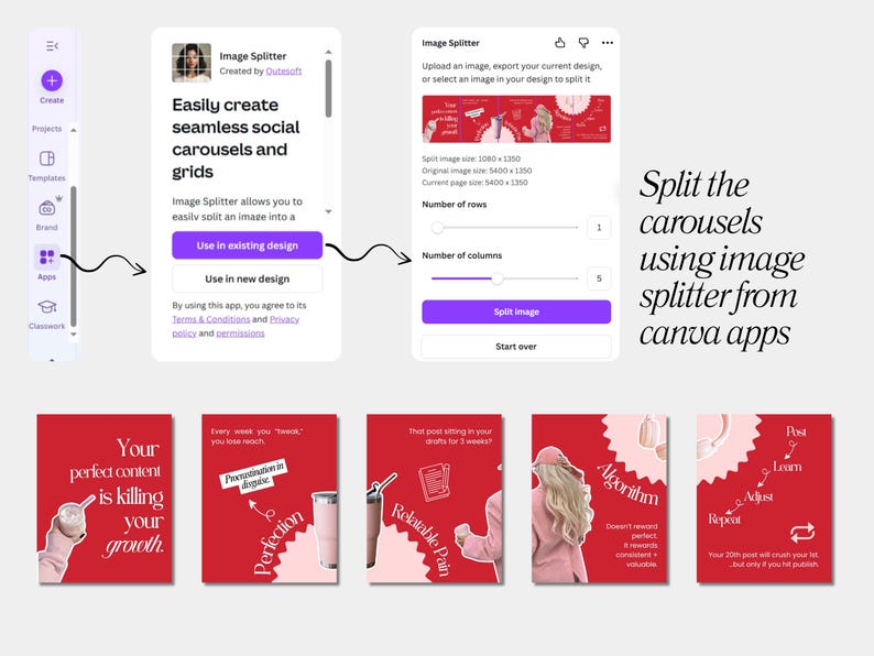 May include: A digital interface for the Canva app, Image Splitter, is shown. The app splits images into social media carousels. The interface is white and purple with red carousel examples. Text includes "Easily create seamless social carousels and grids."