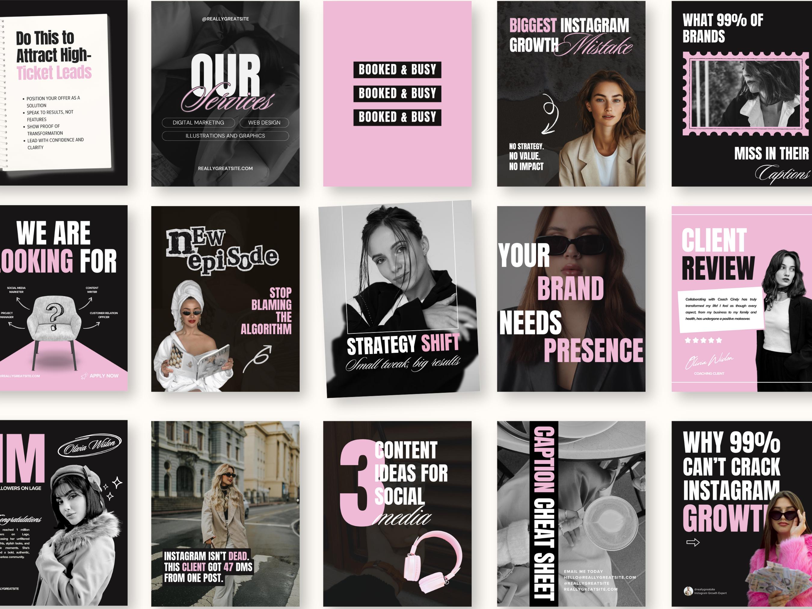 Pink Bold Instagram Templates, Luxury Modern Aesthetic IG Post Bundle for Social Media Managers, Personal Brand, Content Creators, Cool Girl