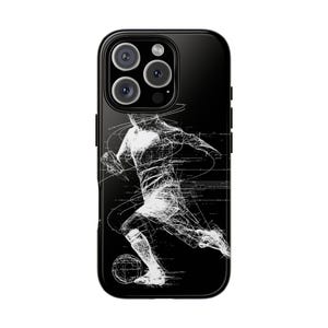 May include: Black phone case with a white sketch of a footballer kicking a ball. The design is a dynamic, artistic representation with a focus on motion and action. The case has a glossy finish and a camera module.