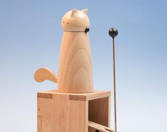 Wooden Cat Automaton | Cat Kinetic Sculpture | Cat Automata Toy | Cat Figurine | Vintage Automaton | Kinetic Art | Christmas Gift for Kid
