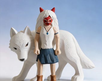 Hand Carved Wooden Princess Mononoke Figurine, Artisan San and Wolf God Moro Sculpture, Studio Ghibli Inspired Art, Studio Ghibli Gift