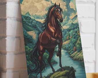 Art Nouveau Horse Glass Cutting Board| Equestrian Decor, Scenic Lake Landscape