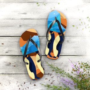 Playful Penguin Flip Flops, Summer Beach Footwear, Vacation Sandals, Cute Animal Print Slippers, Gift for Animal Lovers, Tropical Days