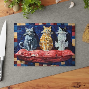 Mosaic Cats Glass Cutting Board | Trio of Cats on Red Cushion