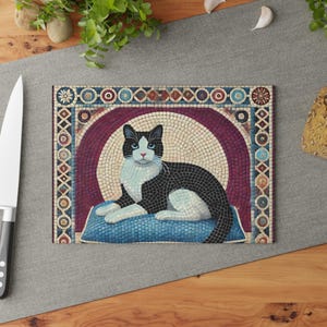Tuxedo Cat Mosaic Glass Cutting Board | Decorative Kitchen Chopping Board
