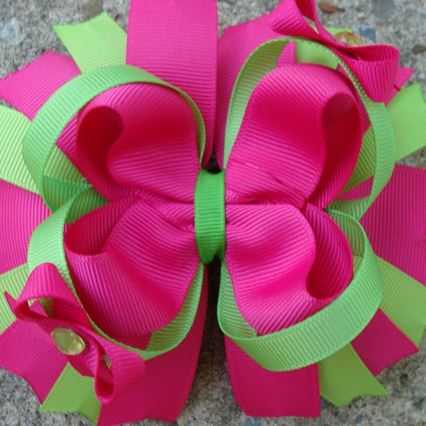 Fuschia and green Hair Bow Boutique Hair Bow - Large Boutique Hair Bow