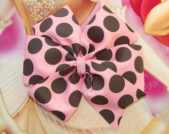 Pink and Brown Hair Bow Large Pinwhell Pink and Brown Dots Hair Bow
