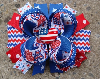4th of July Hair Bow Chevron hair bow Boutique hair bow Layered Stacked Hair Bow Patriotic hair bow Blue and red Hair Bow
