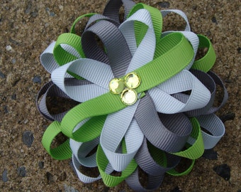 Grey and Green Hair Bow Loopy Flower Hair Bow