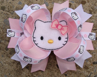 Large Boutique Kitty Hair Bow in Light Pink and White