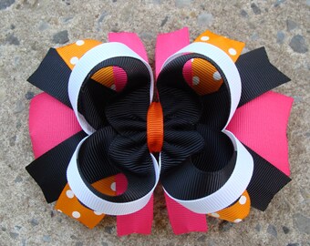 Pink Orange Green and Black Large Boutique Stacked Hair Bows Hair Clip