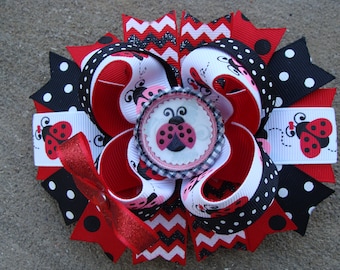 Lady Bug Boutique Stacked Hair Bow Hair Clip Large boutique hair bow chevron hair bow ladybug hair bow hair clip bottle cap hairbow hairclip