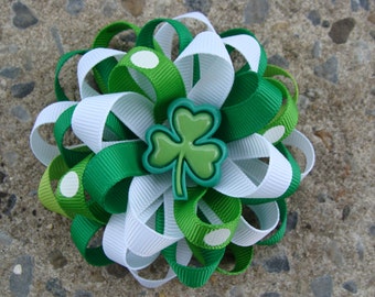 Saint St. Patricks Day Emerald Green White Hair Bow