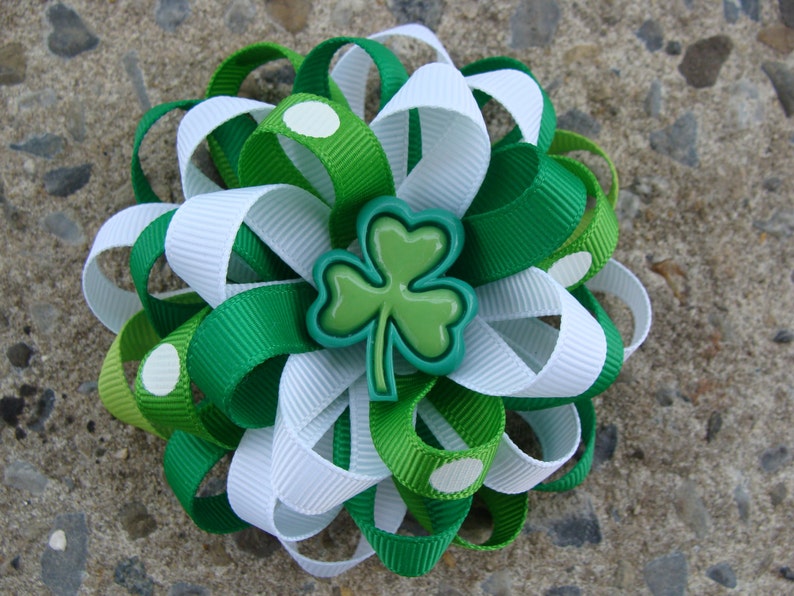Saint St. Patricks Day Emerald Green White Hair Bow image 1