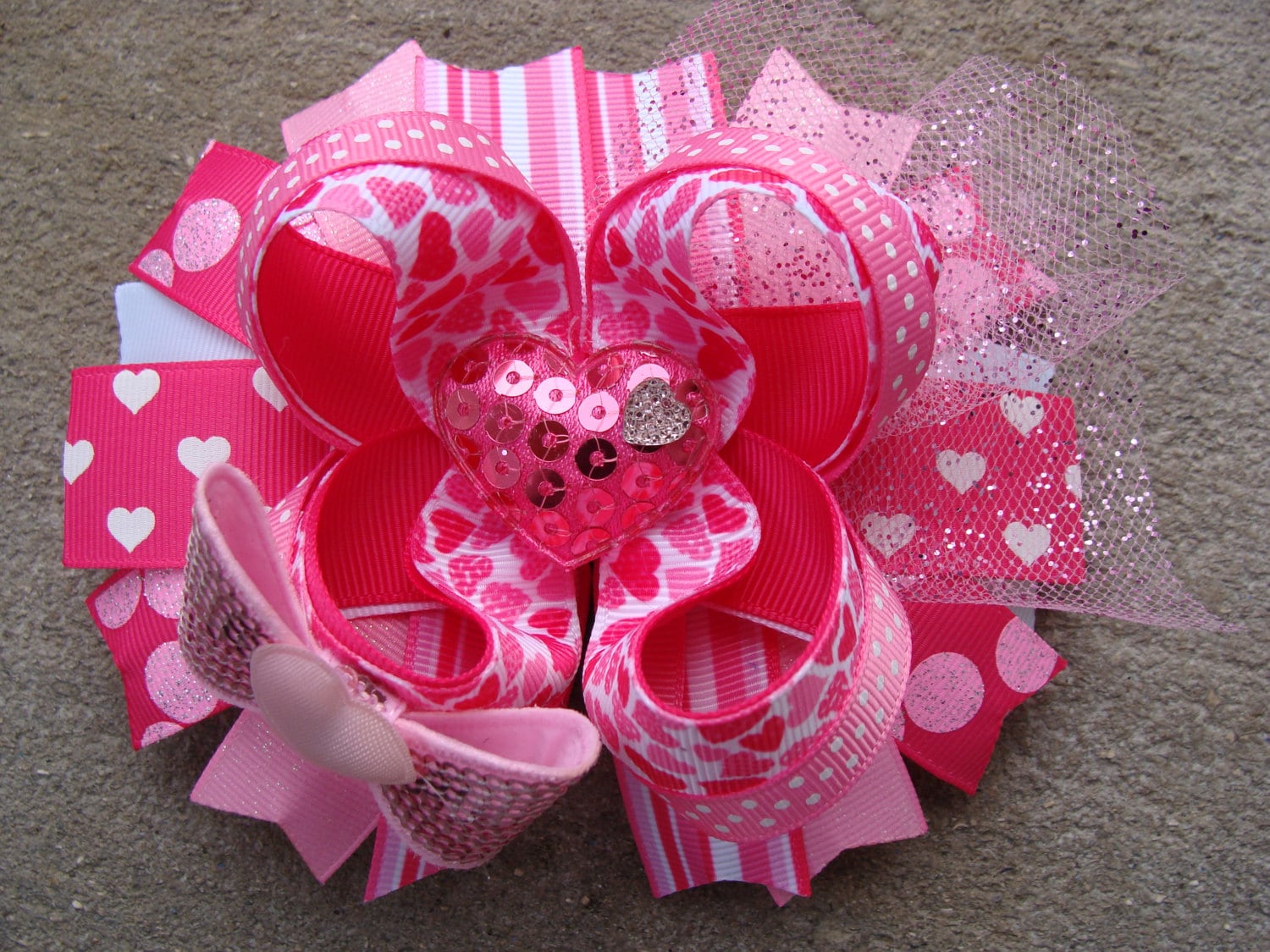 4.5” Handmade Pink Valentine Stacked Boutique Hair Bow 