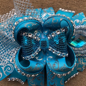 Turquoise hair bow large hair bow boutique hair bow fancy hair bow blue and silver hair bow special occasion hair bow