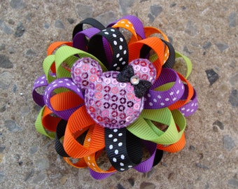Halloween hair bow Mouse Hair Bow purple black green orange Halloween hair bow Disney Halloween Hair Bow round hair bow loopy hair bow