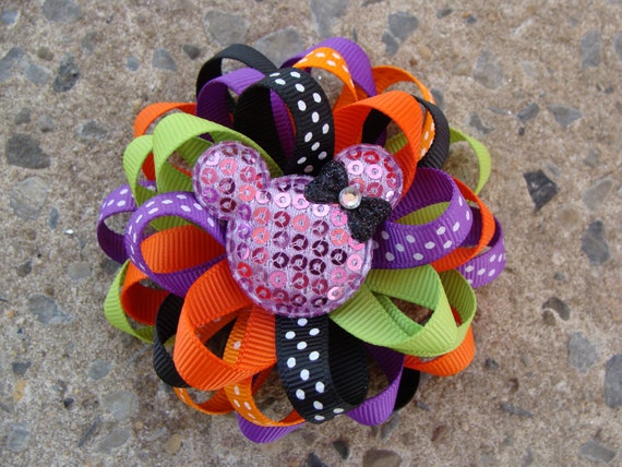Halloween hair bow Mouse Hair Bow purple black green orange Halloween hair bow Disney Halloween Hair Bow round hair bow loopy hair bow