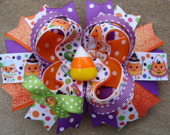 Candy corn Hair Bow Halloween hair bow Halloween boutique hairbow large hair bow Stacked Boutique Hair Orange hair bow holiday hair bow