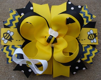 Bumble Bee Hair Bow Large Hair Bow boutique Hair Bow yellow and black hair bow