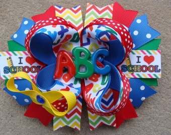 School Hair Bow Go back to School Stacked Boutique Hair Bow ABC hair bow Chevron hair bow large boutique hair bow school bow