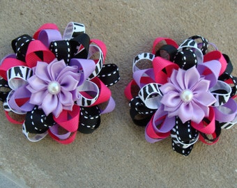 2 pink purple black and zebra Hair Bows Loopy Flower Hair Bows Zebra Hair Bow pigtails hair bows round hair bows my lucky hair bow handmade