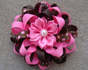 Hair bow Pink and brown hair bow Loopy Hair Bow Ribbon Flower Hair Bow flower hair clip ribbon flower hair bow