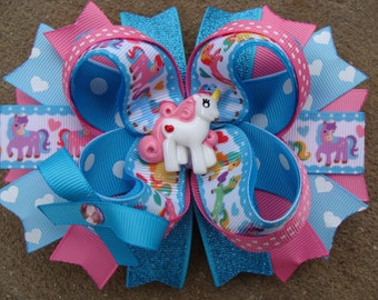 Pony Hair Bow - Boutique Stacked Hair Bow Hair Clip my little pony hair bow pink and blue hair bow large hair bow