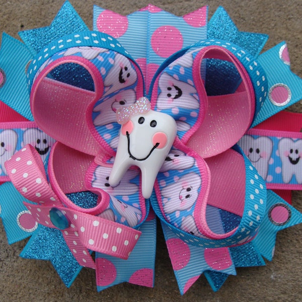 Tooth Hair bow Dentist Appoitment Hair bow large hair bow boutique hair bow Tooth Fairy hair bow pink and blue hair bow girls hair bow