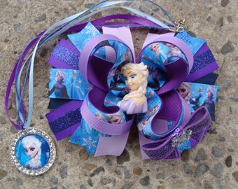 Frozen Hair Bows Purple and blue Large Hair bow - Elsa Hair Bow Princess Elsa Hair Bow Elsa rhinestone necklace