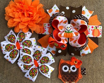 Fall Hair Bows Set pumpkin hair bow fall Boutique Hair Bow hedgehog hair bow orange flower hair clip felt owl hair clip