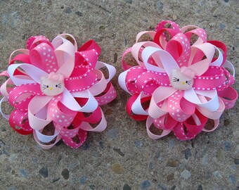 2 Kitty Hair Bows Shades of pink Kitty Bows Pigtails hair bows