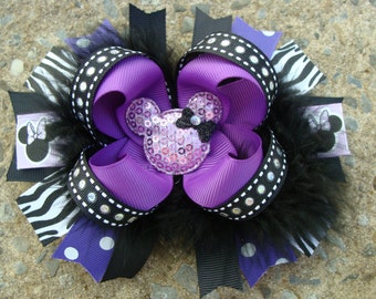 Disney Hair Bow Boutique hair bow Minnie Mouse Hair Bow hair clip  Purple Feather Hair Bow