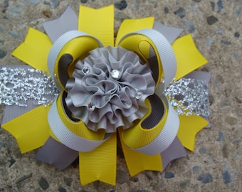 Yellow and Gray Large Ribbon Flower Boutique Hair Bow